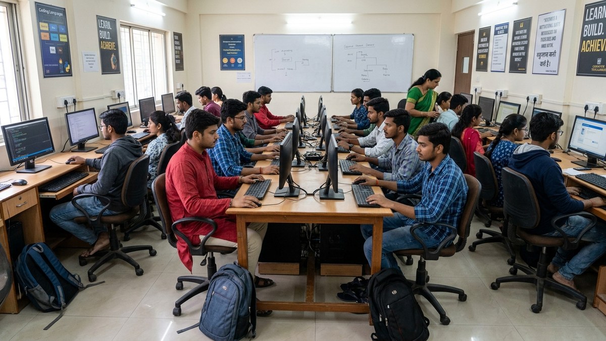 group of Indian students learning on computers in coaching centre