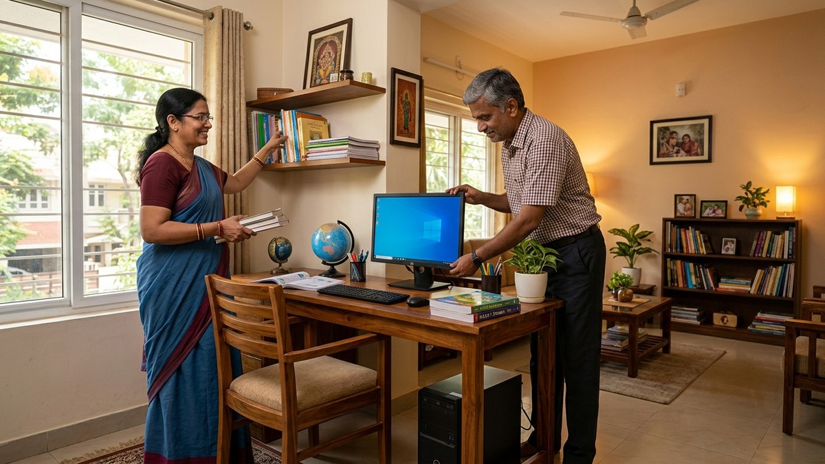 Indian parents setting up home learning station with computer and books