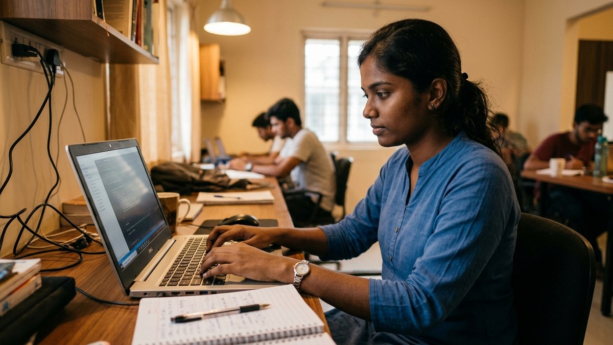 Indian student learning digital skills on computer