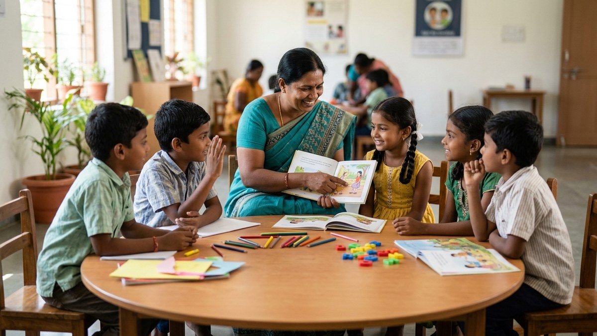 start microschool India educator teaching students around table