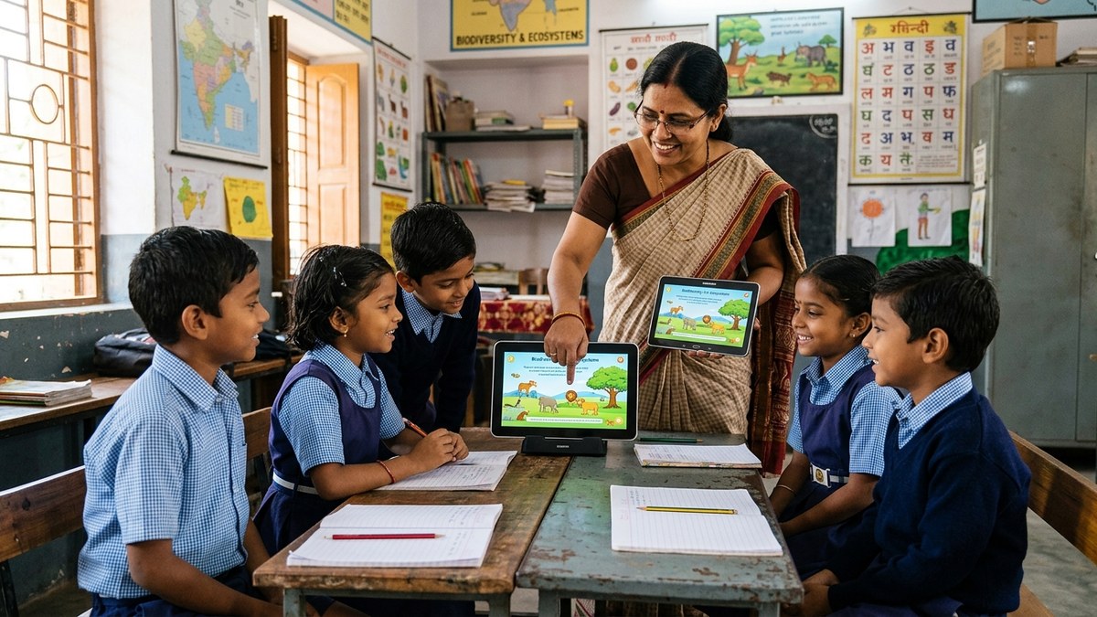 Indian educator showing digital content to small group of students