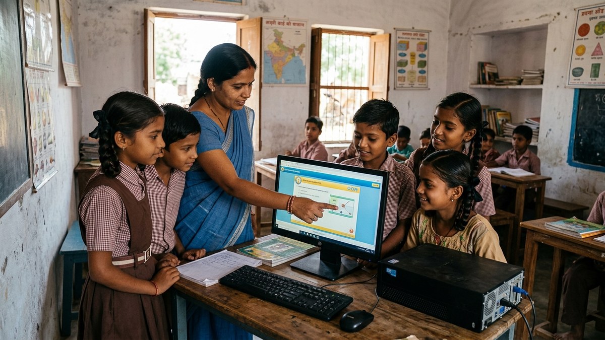Community learning centre in India with multiple students working on computers with an educator supervising