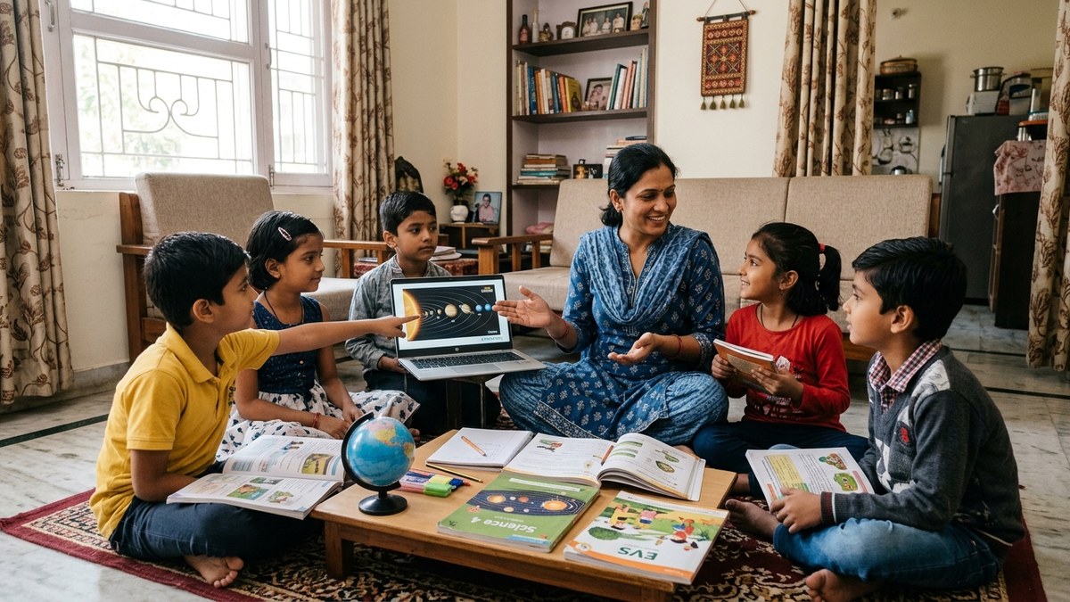 digital coaching business - Indian woman teaching children in living room