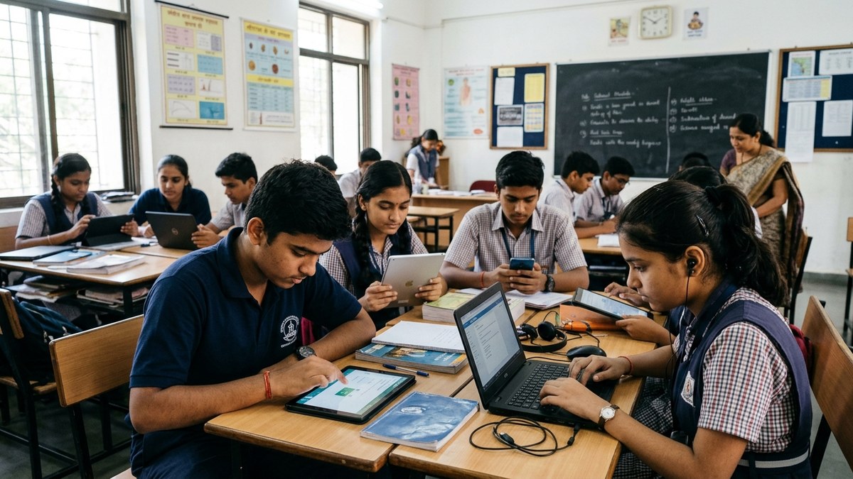 Indian students using digital devices for personalized learning in classroom