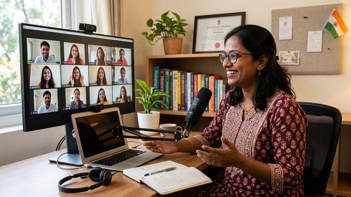 teach from home - Indian educator conducting online lesson