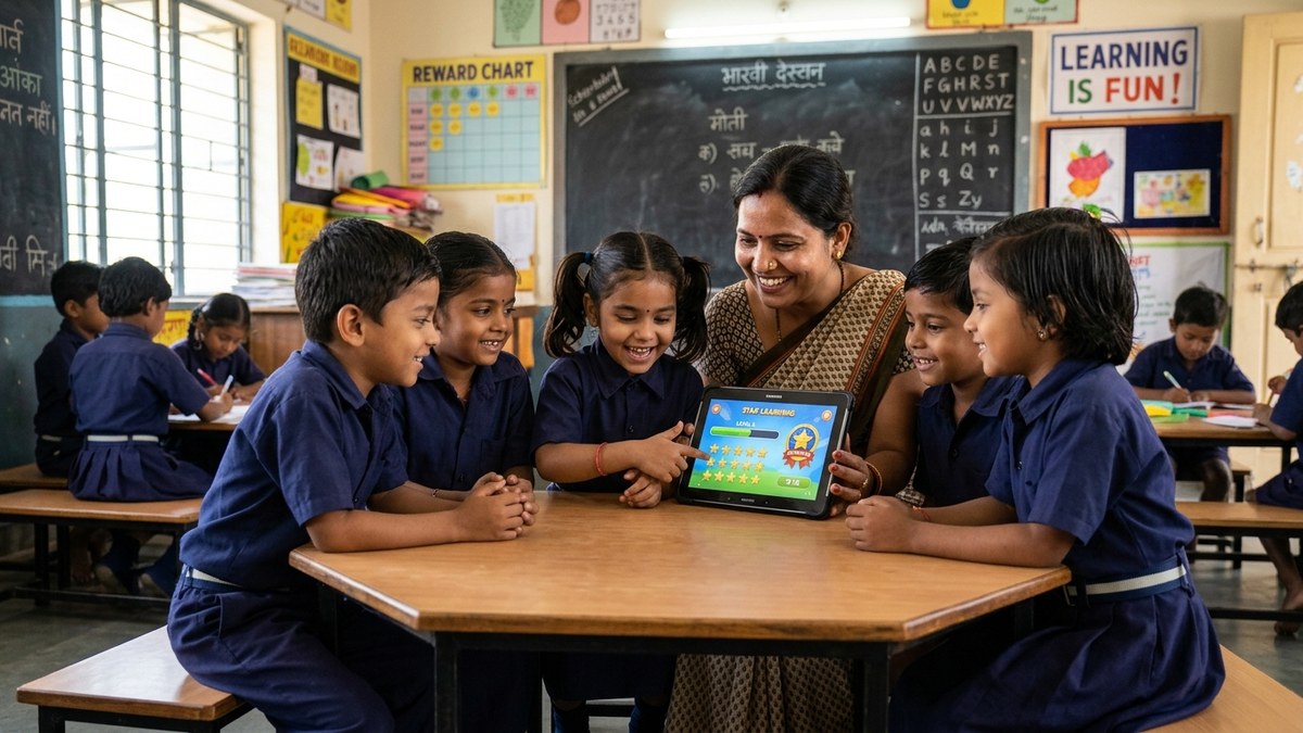 Indian teacher using a reward-based learning app with students