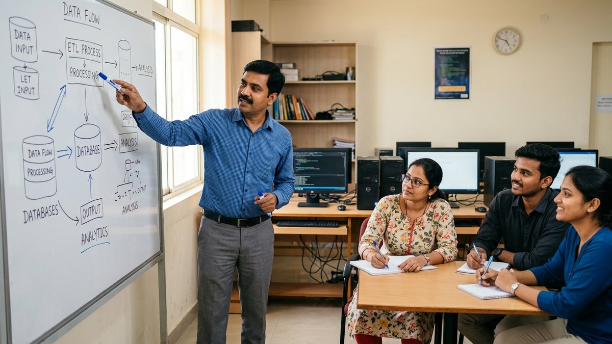 Experienced educator demonstrating AI concepts to learners