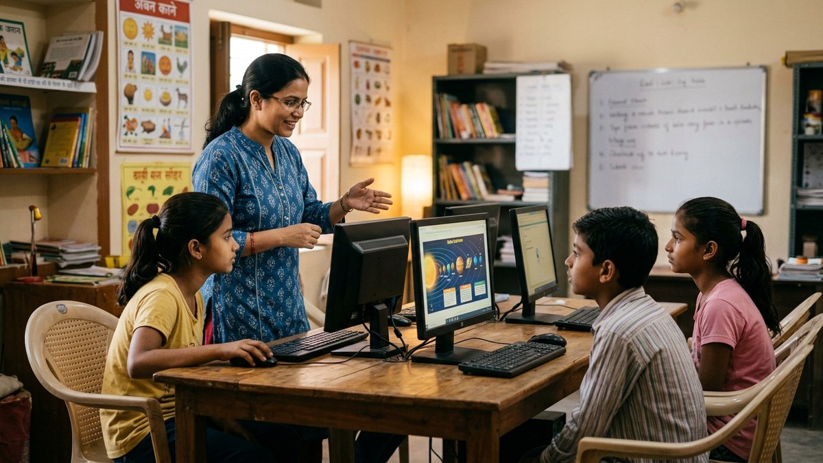 Indian student learning digital literacy skills on computer