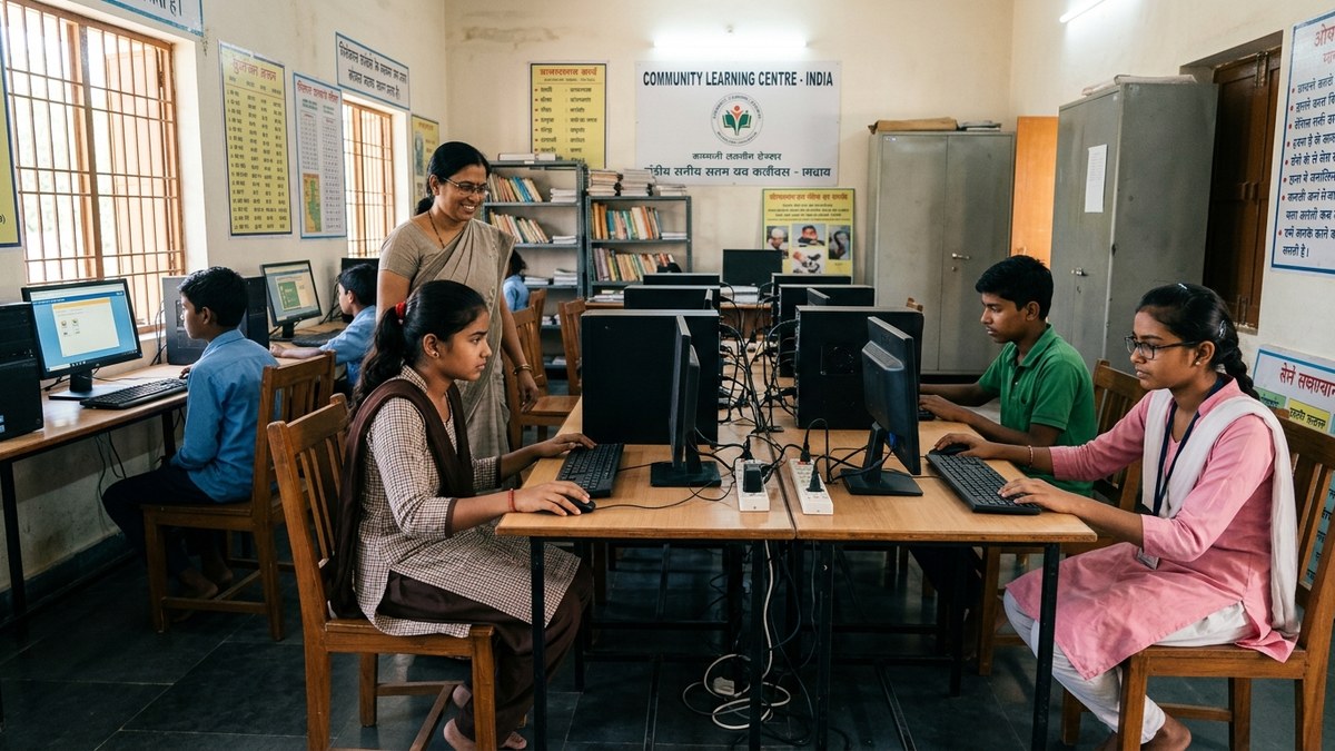 Community learning centre teaching digital literacy to Indian students