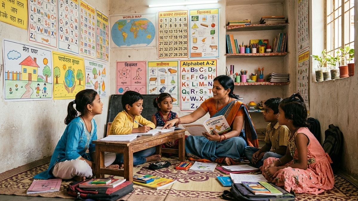 Indian students and teacher in a home learning centre with educational posters