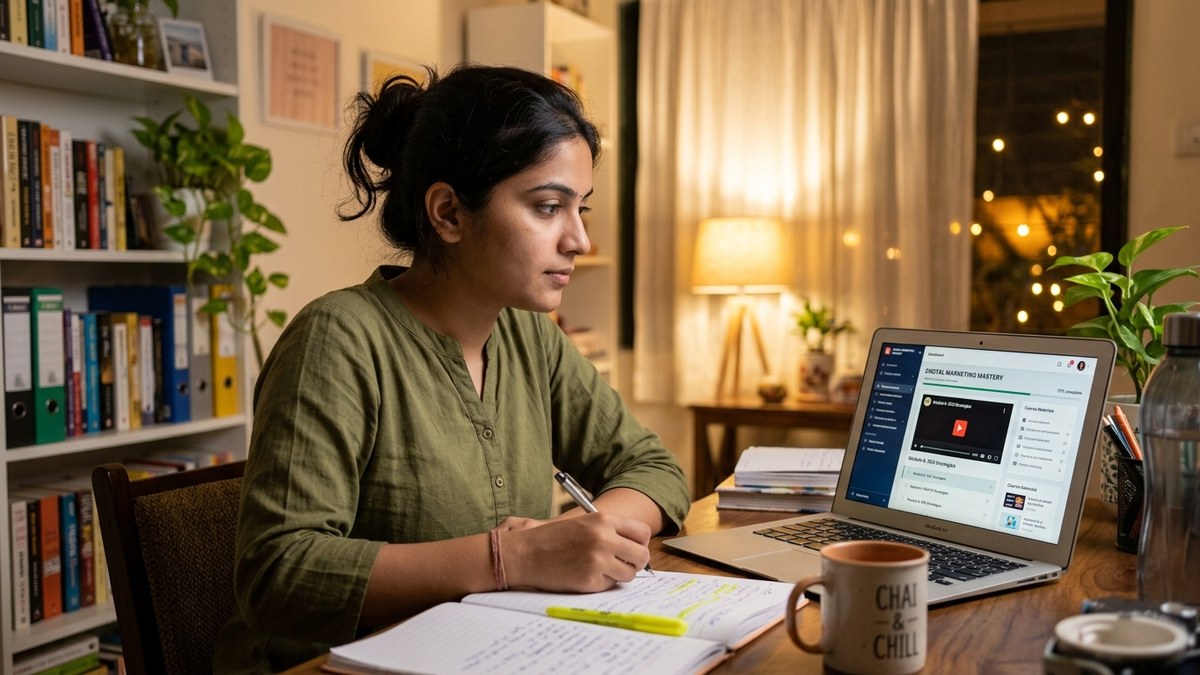 Indian woman studying on laptop at home, online course dashboard visible, warm lighting
