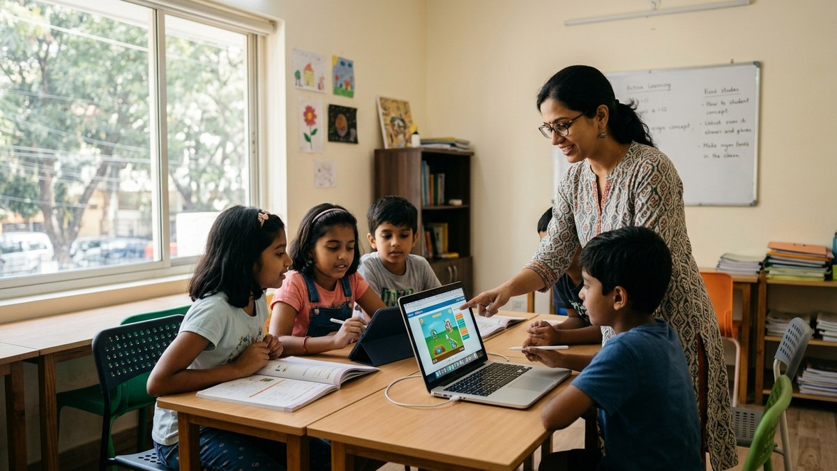 Educator teaching small group of students in interactive learning