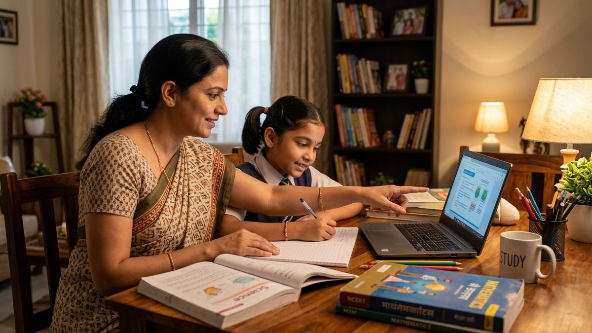 Indian parent helping child with studies at home, warm family study environment