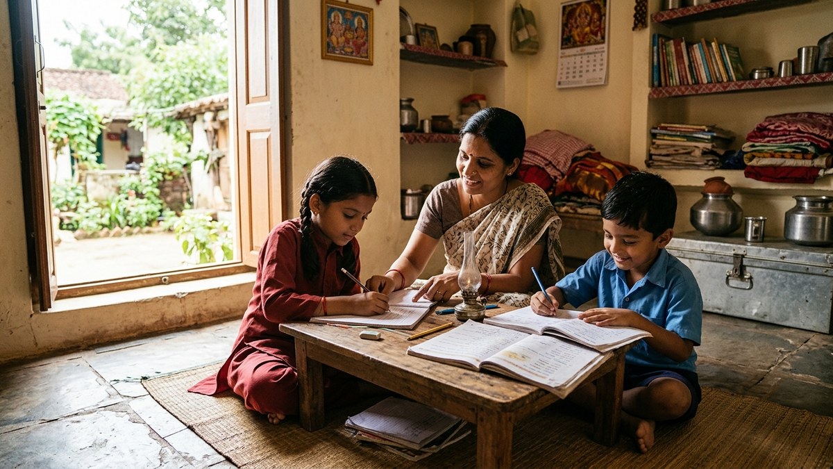Indian children studying at home with mother in a bright room