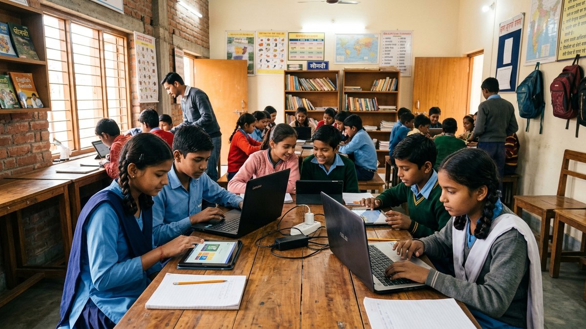 Young Indian students using tablets and laptops in a community learning center