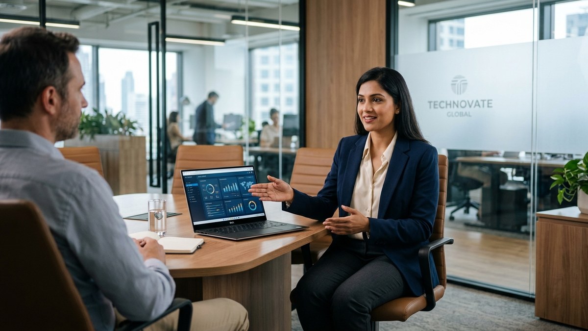 Indian professional demonstrating digital skills in job interview