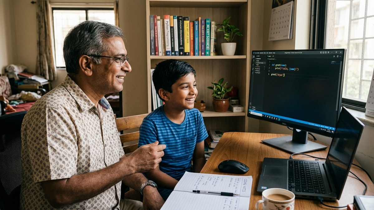 Senior citizen educator teaching coding to student at home desk