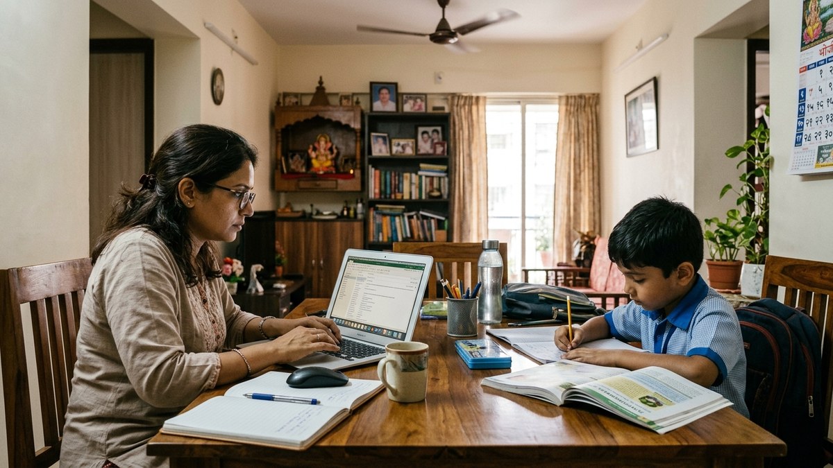 Working parent using laptop while child studies nearby