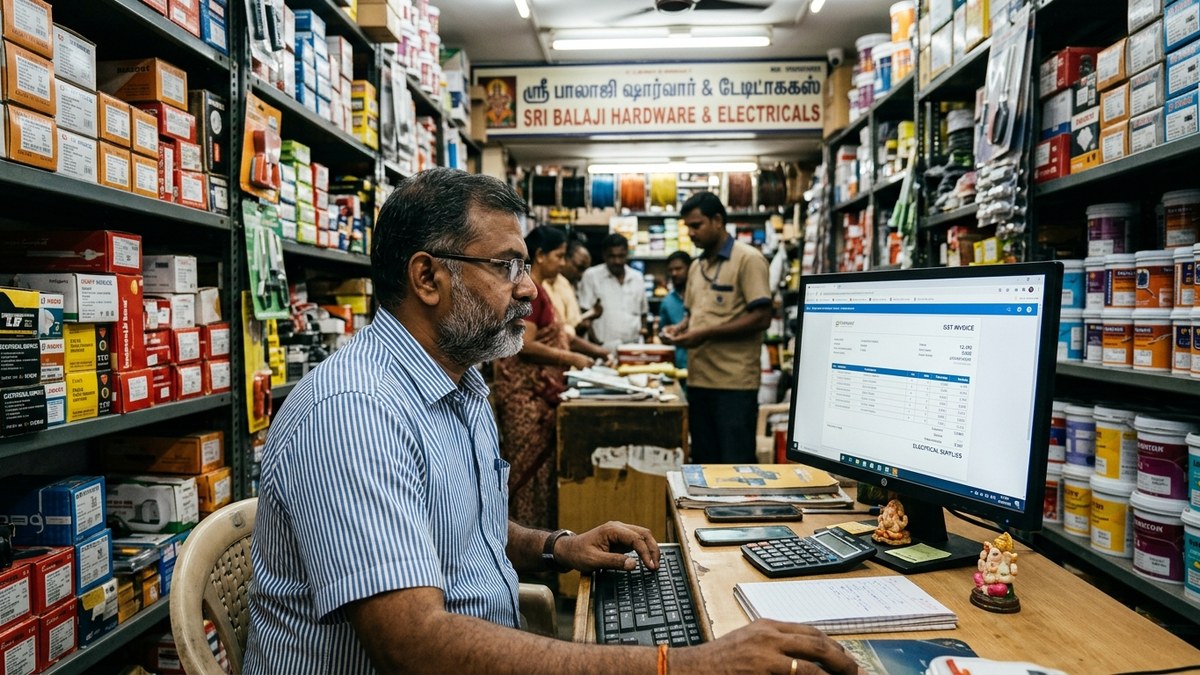 Indian small business owner reviewing digital invoices on computer screen