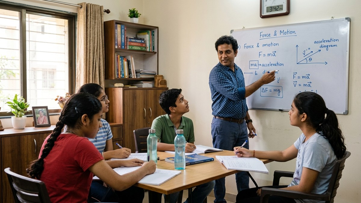 home tuition business - Indian tutor explaining on a whiteboard to students