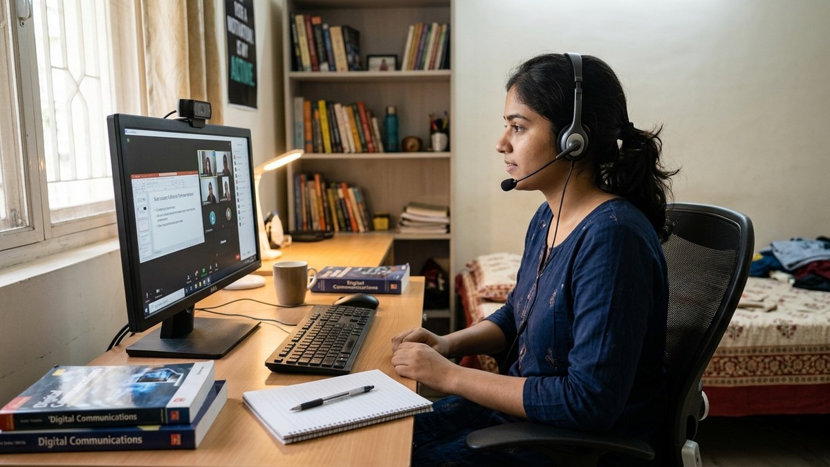 Indian student attending online class on desktop computer with webcam in bedroom study setup