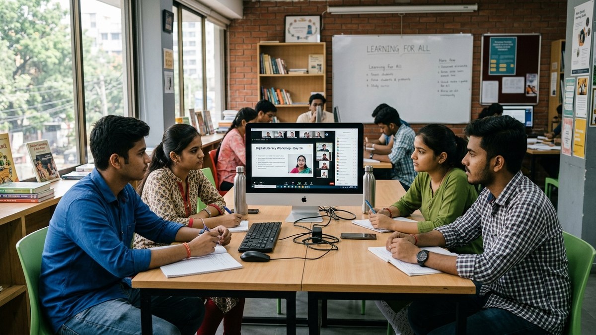 Indian students attending online class on computer screen