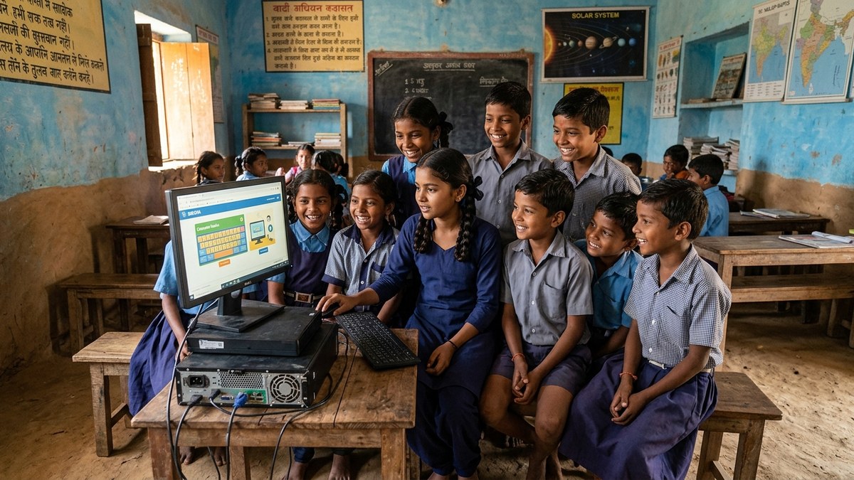 rural Indian students learning digital literacy programs