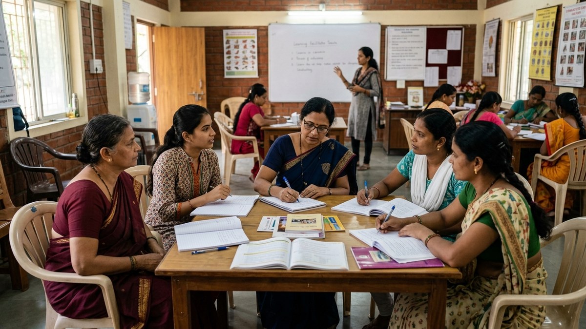 Indian women in small group learning session, community centre setting