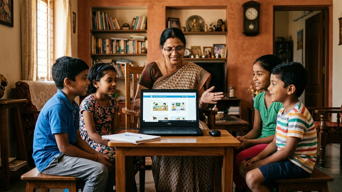 Indian woman teaching children using computer, warm home environment