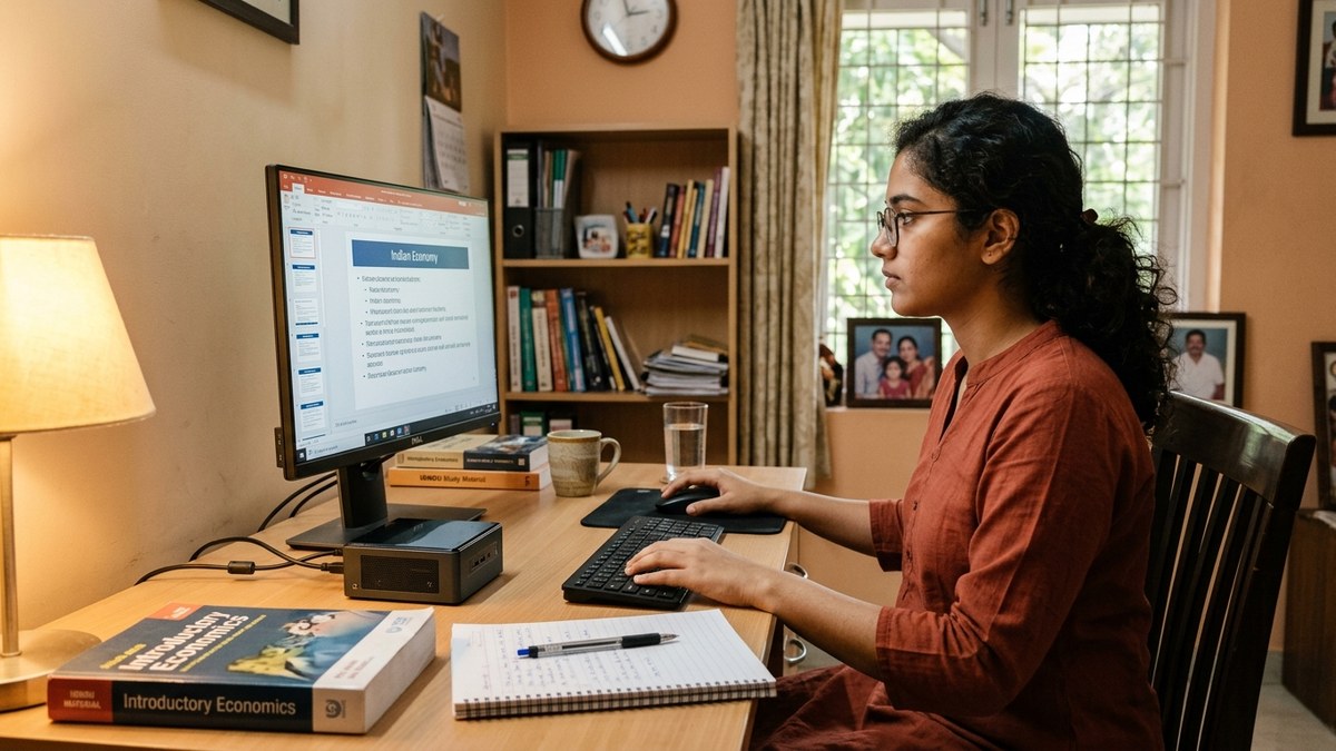 Indian student working on Mini PC at home for digital learning