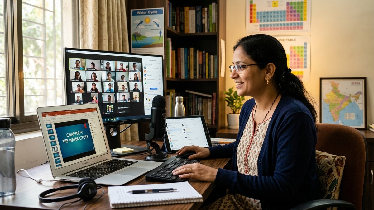 Indian teacher conducting online class with multiple screens, digital education setting