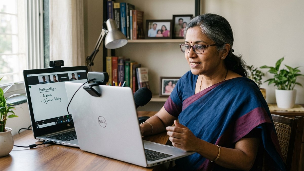 Indian educator conducting online tuition class from home using computer with webcam
