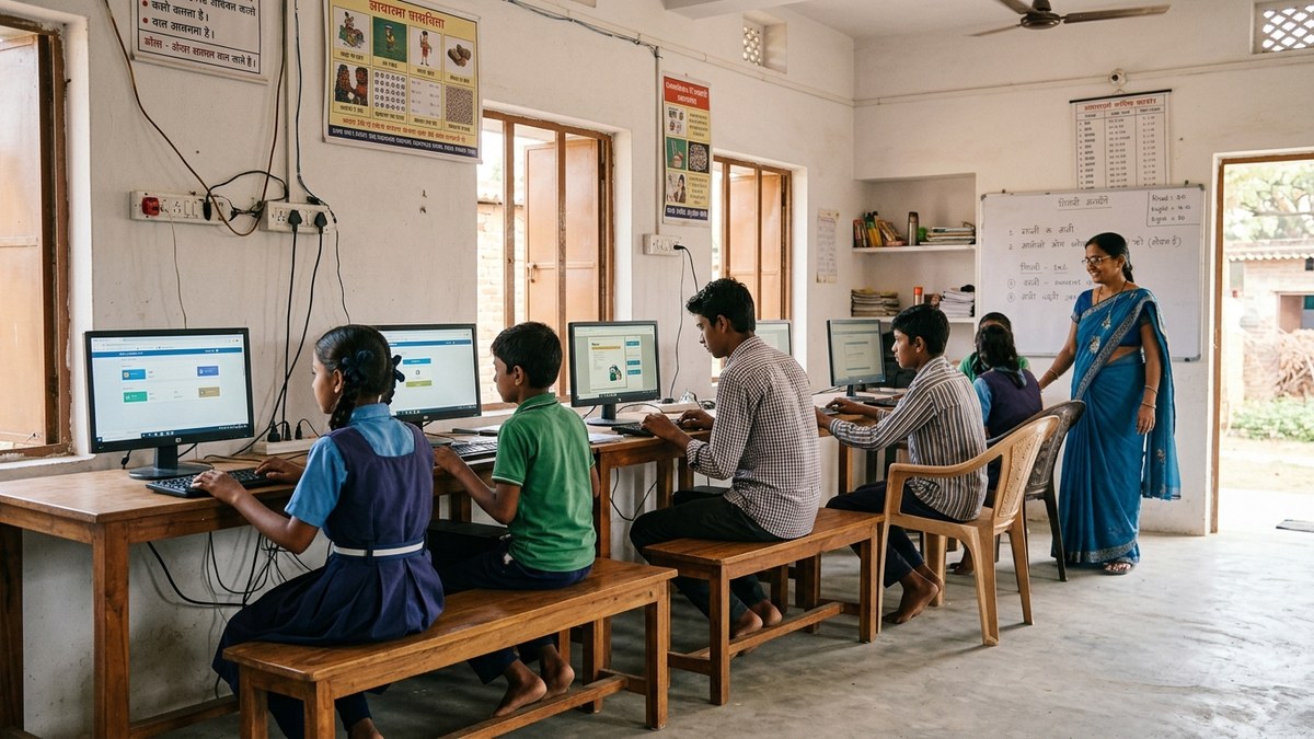 Community learning centre in India with students using computers