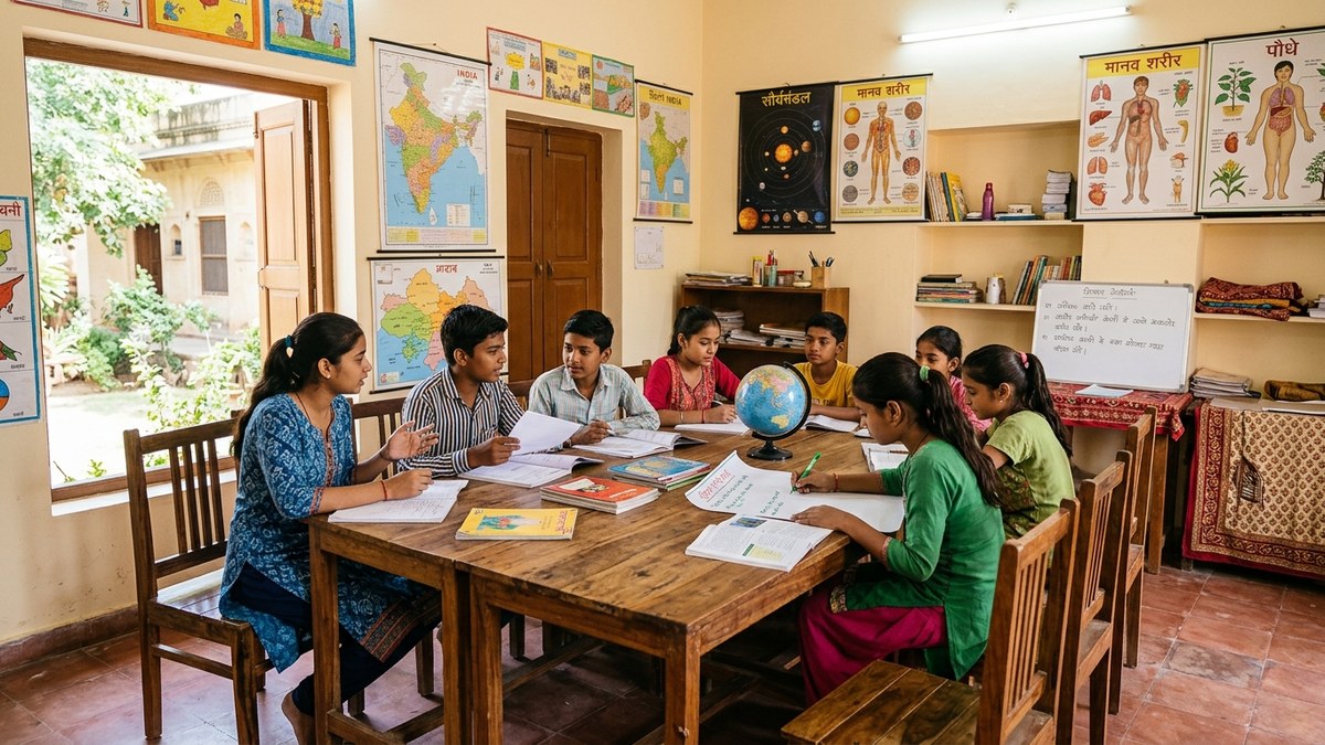 Microschool community learning space with students and educator