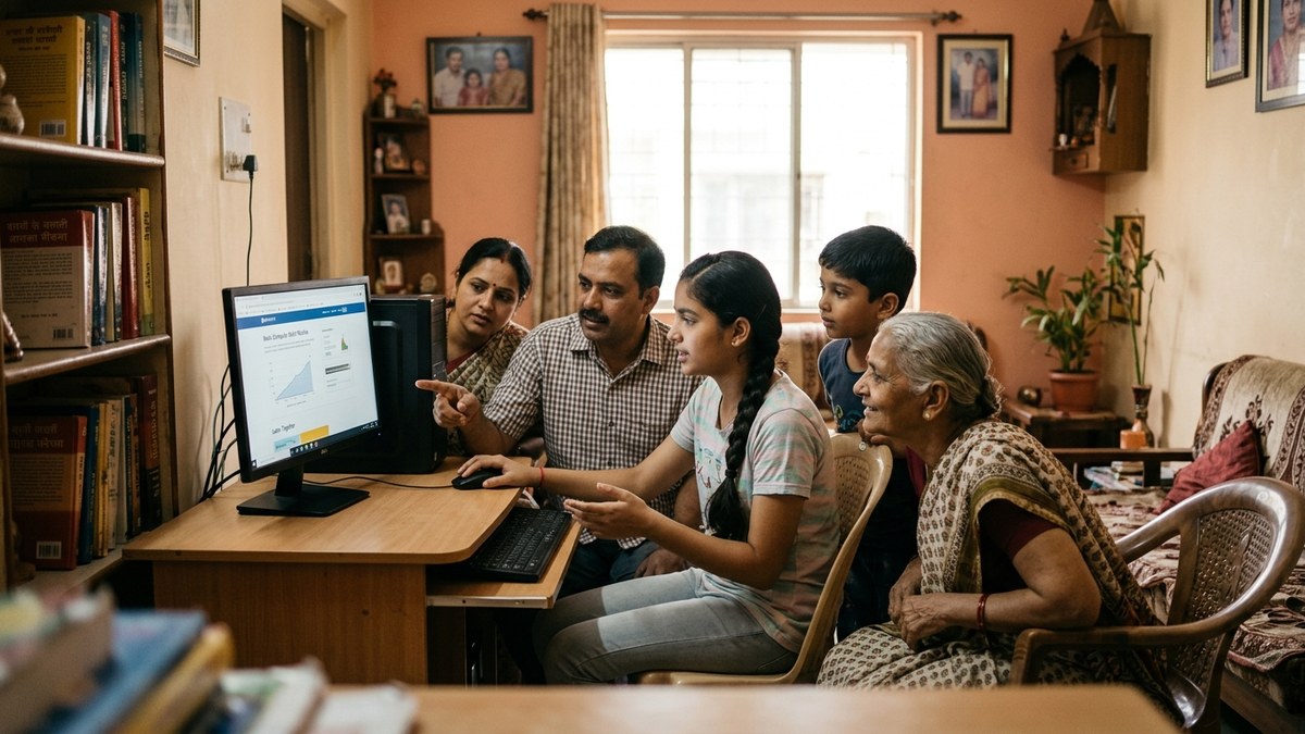 Indian family learning together around computer in living room