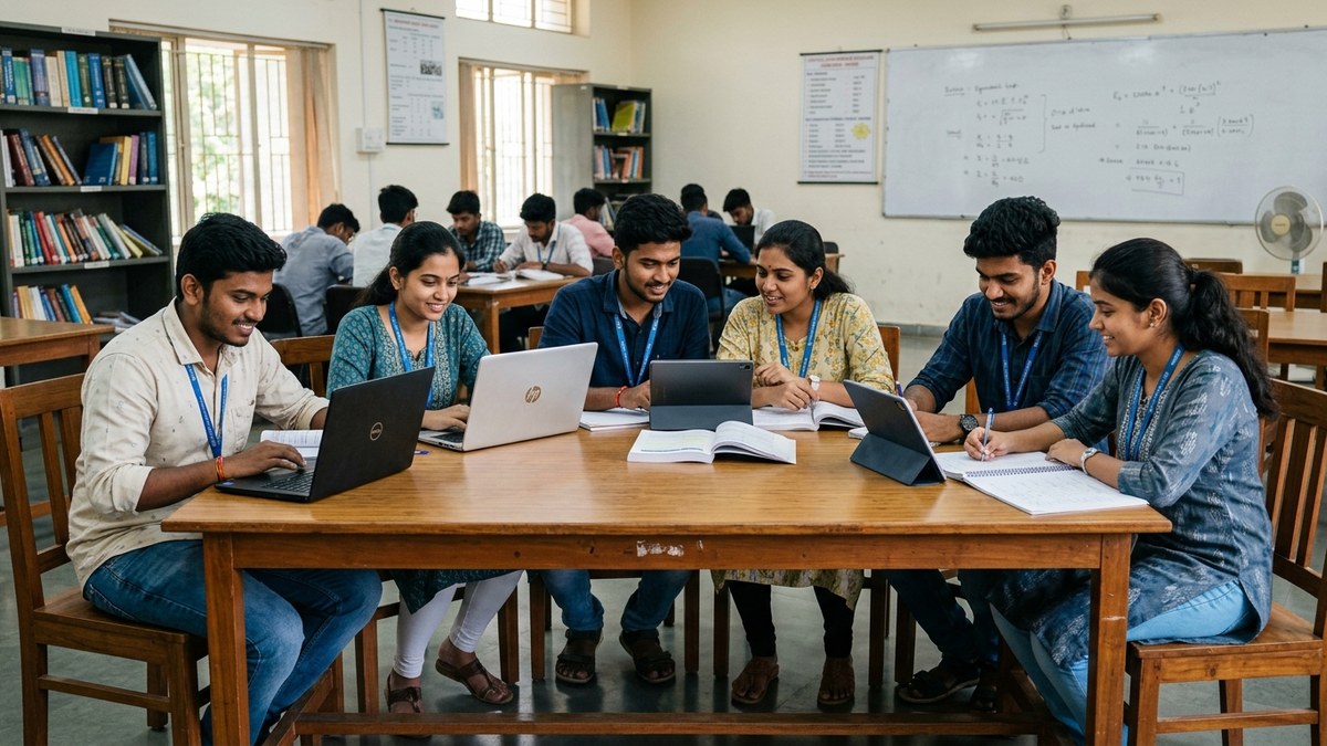 AI tools for Indian students studying together with tablets and computers in Indian classroom