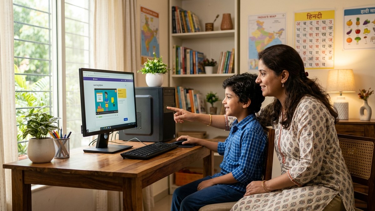 homeschooling child learning on computer at home with parent