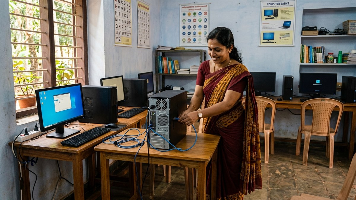 woman setting up home computer lab for teaching India