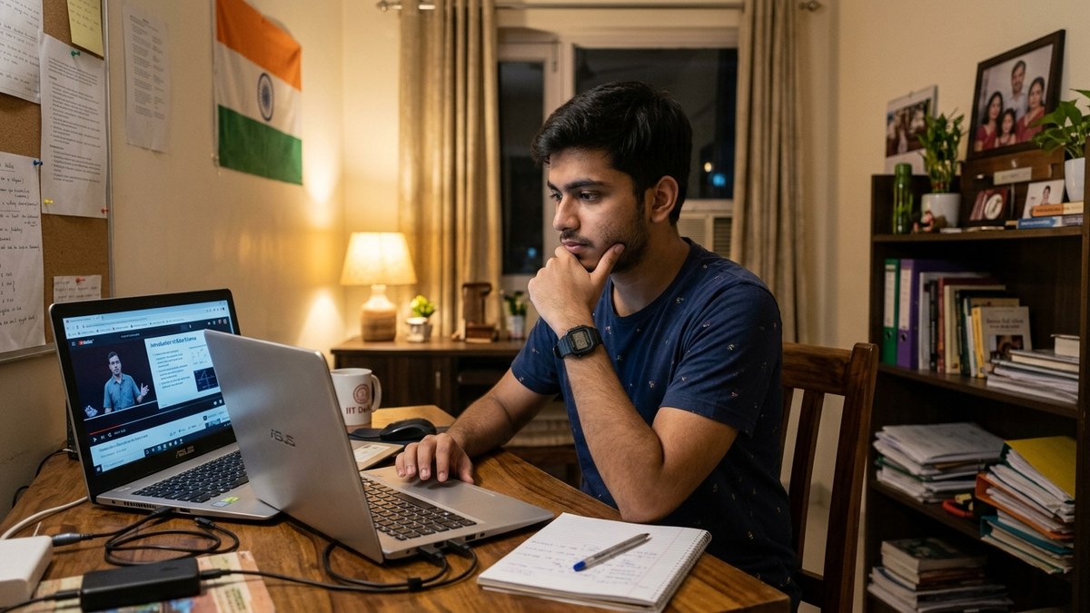 Indian student watching online course on computer at home
