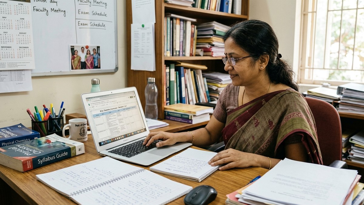 Indian teacher planning course curriculum on laptop at desk