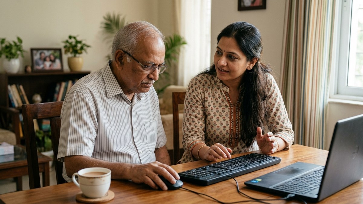 Patient educator teaching senior citizen digital skills in a comfortable learning environment