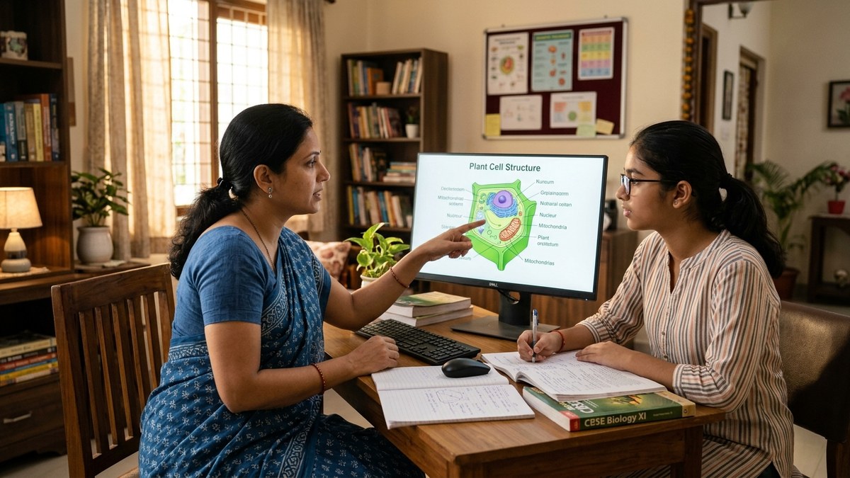 Indian teacher explaining concepts on computer screen to student