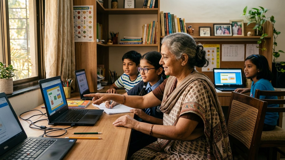 retired teacher using computer for digital education