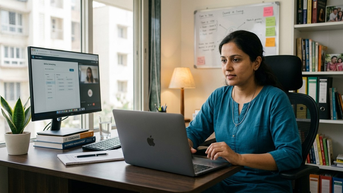 Indian woman working from home managing coaching business on computer