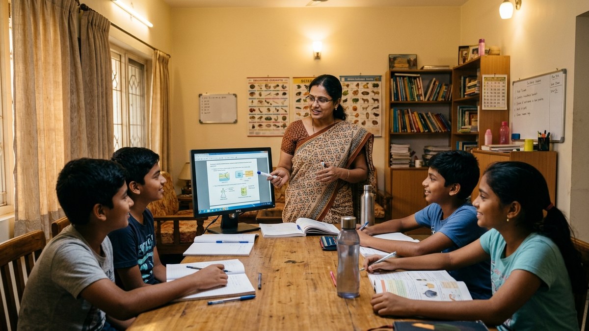 home tuition business India woman teaching students with computer setup