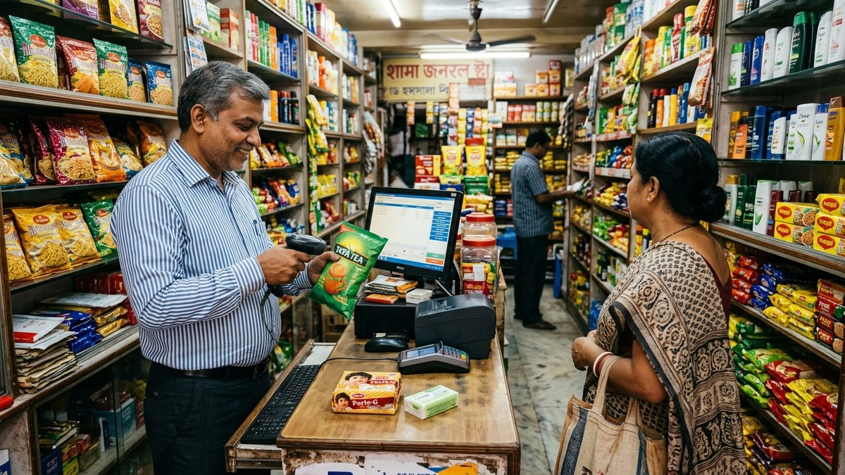 Indian shopkeeper scanning items at computer billing counter in retail shop