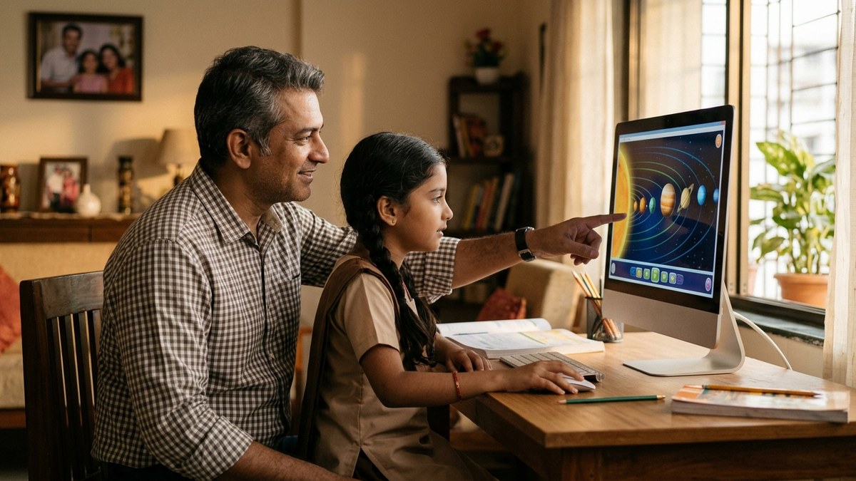 homeschooling India parent teaching child with educational software