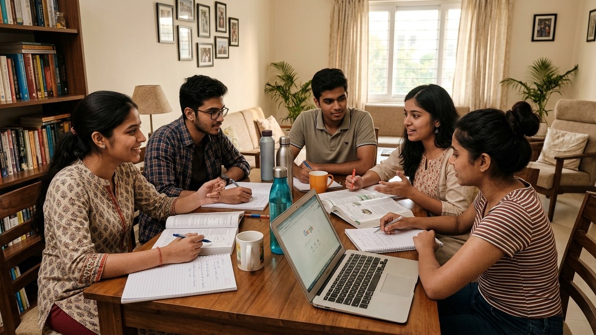 Indian students studying together at a table with textbooks and notebooks in home setting