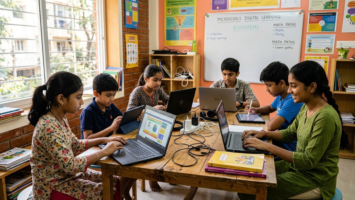 Indian students working on computers in small classroom