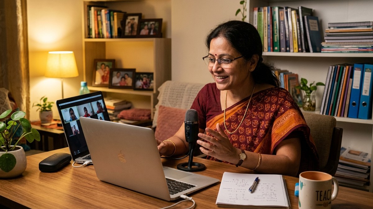 Indian educator conducting online tuition from home desk with laptop